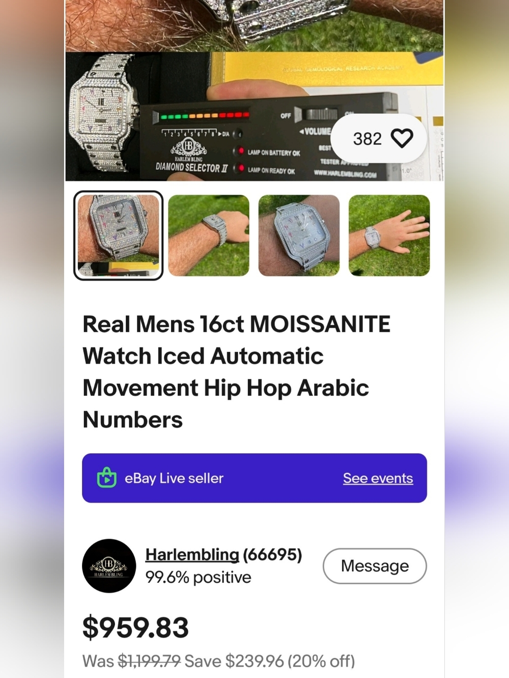 Iced Out 16ct MOISSANITE Watch Iced Automatic Movement Hip Hop Arabic Numbers - Picture 10 of 14